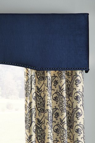 Horizons Draperies and Side Panels Drapery in Alexis, Indigo with Partial Arch Cornice in Nightingale, Lapis