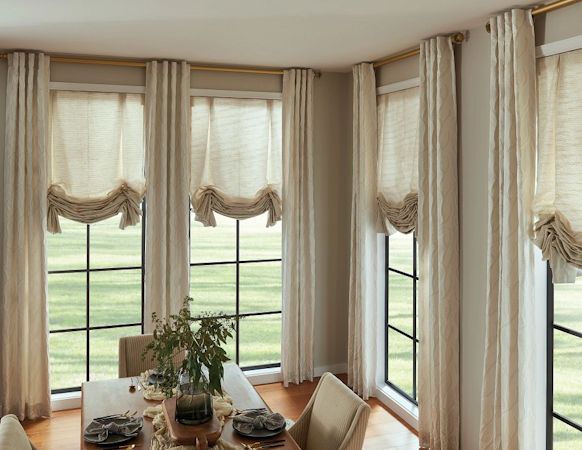 Soft Pleated London Shades in Providence, Natural with Back Tab Drapery in Courage, Moonlight and Treasures Drapery Hardware in Matte Gold
