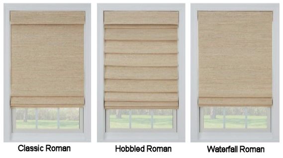 Styles of Roman shades classic fold hobbled fold waterfall fold